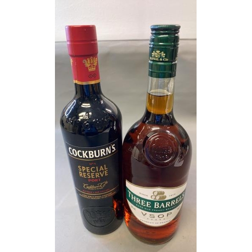 9521 - THREE BARRELS FRANCE BRANDY 1L + COCKBURN'S A PORT WINE 75CL