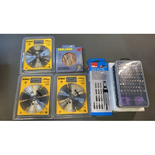 9550 - 6 TOOLS INCL. DEWALT CUTTING DISK 3X + TOOZONE CUTTING DISK + HILKA 13PCE DRIVER SET + 98 SCREWDRIVE... 