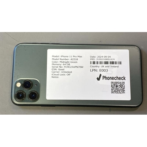 9651 - IPHONE 11 PRO MAX / A2218 / MIDNIGHT GREEN / 64GB / SERIAL N: FCHC2UPN70W / ESN: GOOD / CARRIER: UNL... 