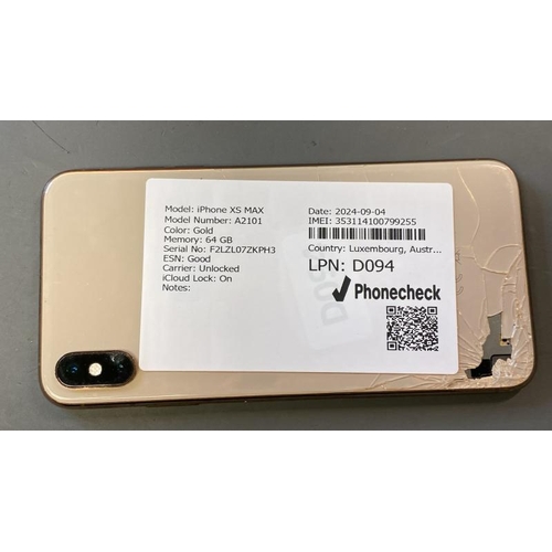 9653 - IPHONE XS MAX / A2101 / GOLD  / 64GB / SERIAL N: F2LZL07ZKPH3 / ESN: GOOD / CARRIER: UNLOCKED / ICLO... 