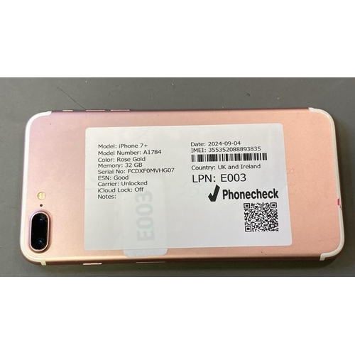 9654 - IPHONE 7+ / A1784 / ROSE GOLD / 32GB / SERIAL N: FCDXF0MVHG07 / ESN: GOOD / CARRIER: UNLOCKED / I-CL... 