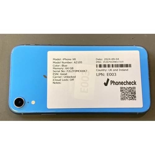 9659 - IPHONE XR / A2105 / BLUE  / 64GB / SERIAL N: F2LZF0MCKXK7 / ESN: GOOD / CARRIER:UNLOCKED / I-CLOUD (... 