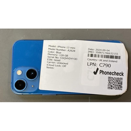 9660 - IPHONE 13 MINI / A2628 / BLUE / 128GB / SERIAL N:CGQVVDYY3D / ESN: GOOD / CARRIER:UNLOCKED / I-CLOUD... 