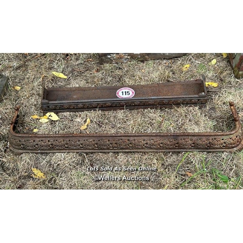 115 - Two iron fire fenders, largest 115cm (w) x 15cm (h) x 23cm (d) / Please bring equipment and labour t... 