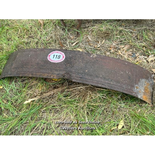 118 - Iron fire fender, 20cm (h) x 100cm (w) / Please bring equipment and labour to assist with removal of... 