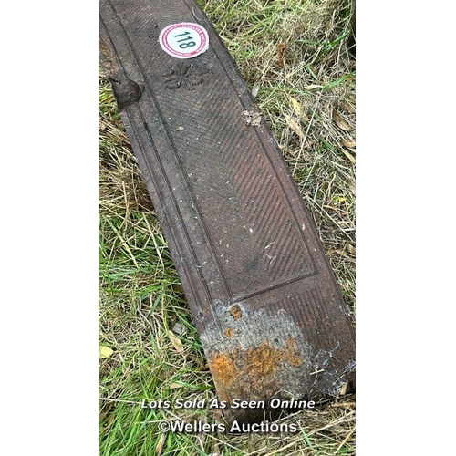 118 - Iron fire fender, 20cm (h) x 100cm (w) / Please bring equipment and labour to assist with removal of... 