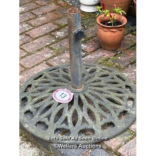 13 - Cast iron umbrella base, 46cm (h) x 60cm (dia) / Please bring equipment and labour to assist with re... 