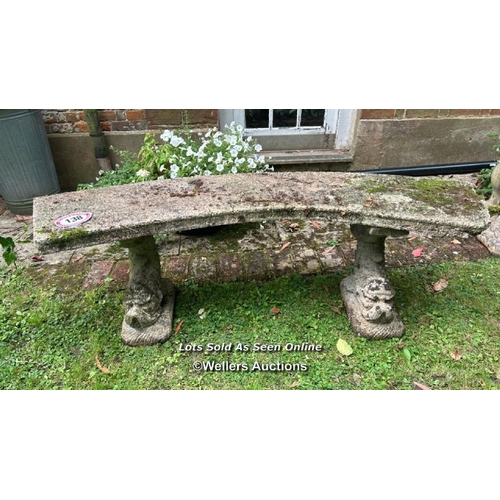 138 - Three piece reconstituted stone garden bench on dolphin base, 50cm (h) x 157cm (w) / Please bring eq... 