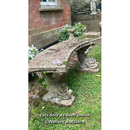 138 - Three piece reconstituted stone garden bench on dolphin base, 50cm (h) x 157cm (w) / Please bring eq... 