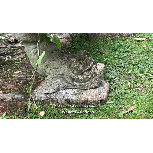 138 - Three piece reconstituted stone garden bench on dolphin base, 50cm (h) x 157cm (w) / Please bring eq... 