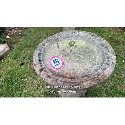 139 - Reconstituted stone birdbath, 46cm (h) x 41cm (w) / Please bring equipment and labour to assist with... 