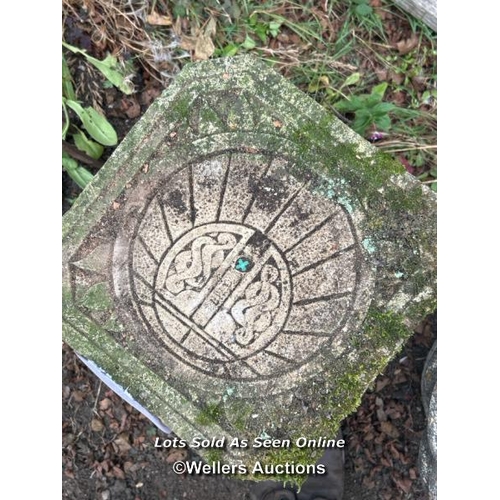 143 - Reconstituted stone carved dial, 42cm (h) x 28cm square at top / Please bring equipment and labour t... 