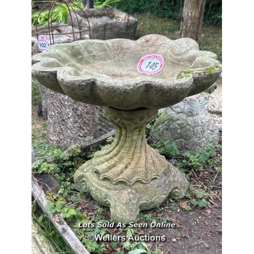 145 - Ornate reconstituted stone clam shell birdbath, 46cm (h) x 55cm (w) x 47cm (d) / Please bring equipm... 