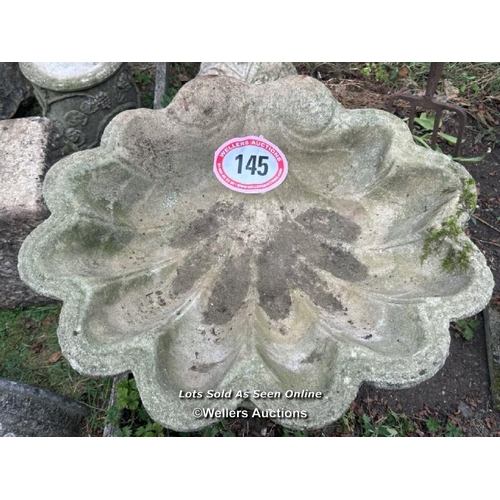 145 - Ornate reconstituted stone clam shell birdbath, 46cm (h) x 55cm (w) x 47cm (d) / Please bring equipm... 