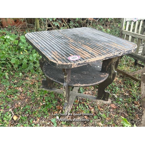 161 - Wooden garden table, 73cm (h) x 90cm sq. / Please bring equipment and labour to assist with removal ... 