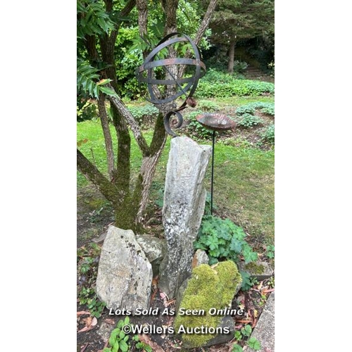 19 - Wraught iron armillary on stone plinth, 140cm (h) and associated stone / Please bring equipment and ... 