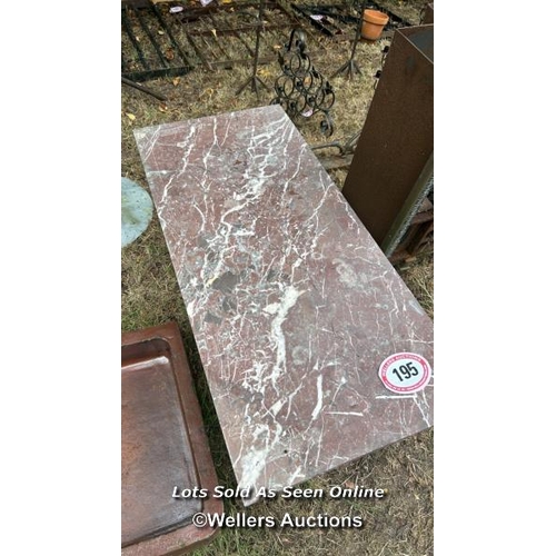 195 - Rouge marble table top on heavy wrought iron base, 48cm (h) x 48cm (w) x 108cm (l) / Please bring eq... 