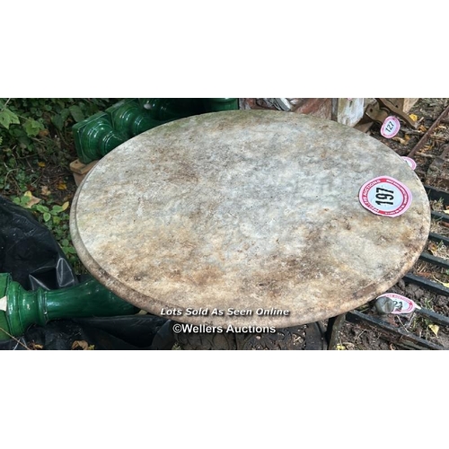 197 - Victorian marble topped pub table top on ornate cast iron base, 69cm (h) x 60cm (dia) / Please bring... 