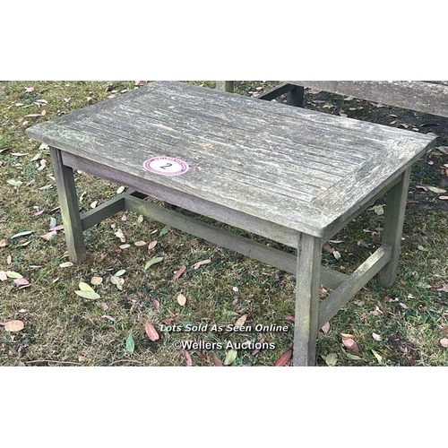 2 - Teak garden table, 39cm (h) x 82cm (w) x 50cm (d) / Please bring equipment and labour to assist with... 