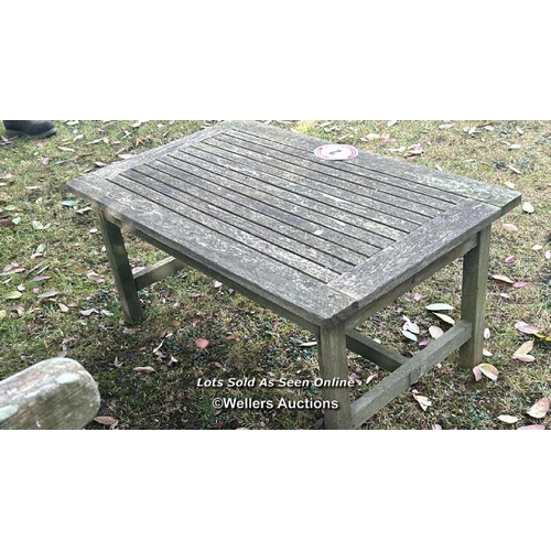 2 - Teak garden table, 39cm (h) x 82cm (w) x 50cm (d) / Please bring equipment and labour to assist with... 