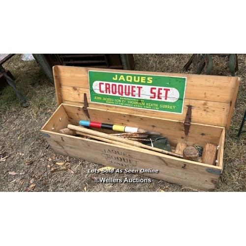 213 - Vintage Jaques Croquet set, includes three mallets, various pegs, balls etc. / Please bring equipmen... 