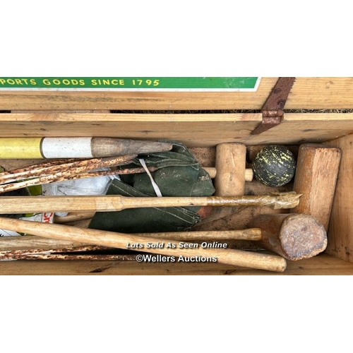 213 - Vintage Jaques Croquet set, includes three mallets, various pegs, balls etc. / Please bring equipmen... 