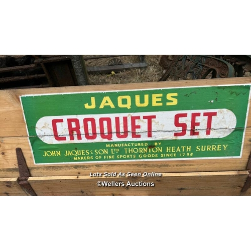 213 - Vintage Jaques Croquet set, includes three mallets, various pegs, balls etc. / Please bring equipmen... 