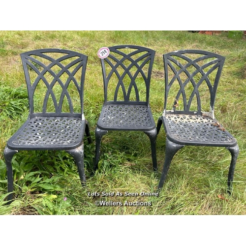 214 - Three metal garden chairs, 94cm (h) x 45cm (w) x 45cm (d) / Please bring equipment and labour to ass... 