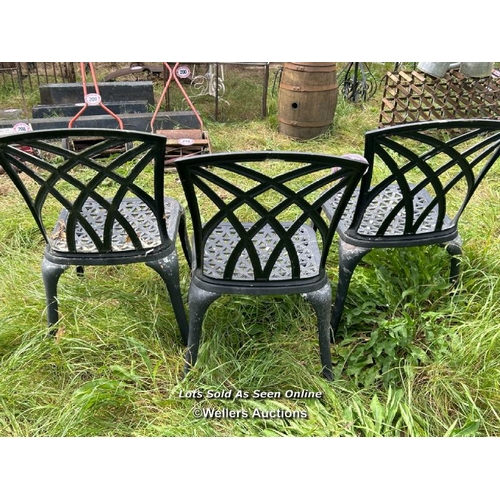 214 - Three metal garden chairs, 94cm (h) x 45cm (w) x 45cm (d) / Please bring equipment and labour to ass... 