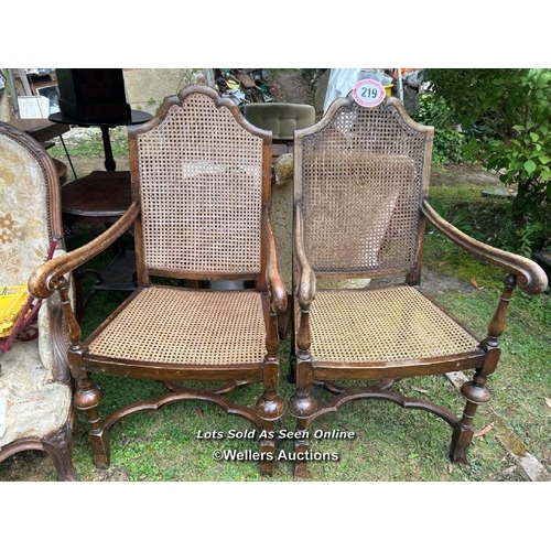 219 - Pair of early 20th century walnut cane chairs, 112cm (h)  x 60cm (w) x 52cm (d) / Please bring equip... 