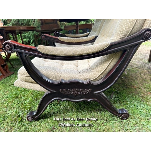 232 - A pair of black laquer oriental armchairs, 86cm (h) x 66cm (w) x 64cm (d) / Please bring equipment a... 