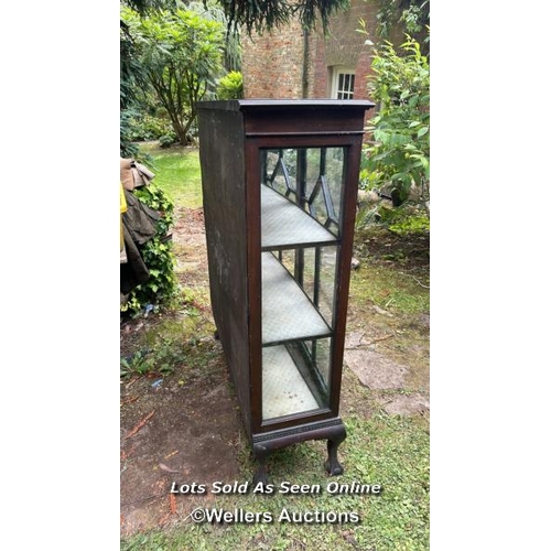 234 - 1930's glazed mahogany vitrine with three internal shelves on ball and claw feet, 125cm (h) x 105cm ... 