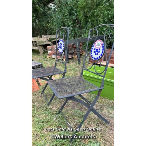 244 - Pair of folding metal chairs with central tile mosaic feature, 89cm (h) x 36cm (w) x 36cm (d) / Plea... 