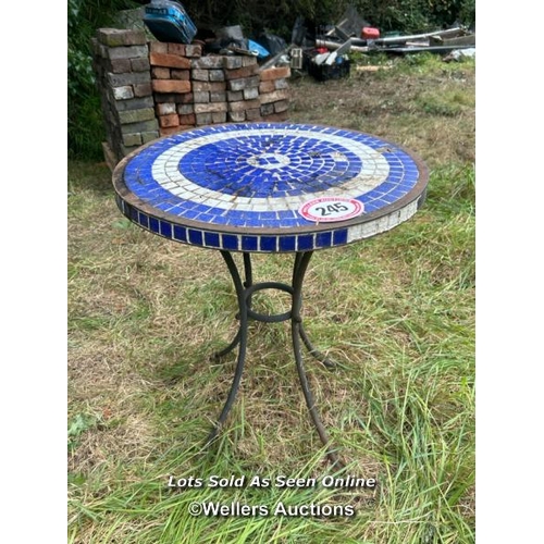 245 - Mosaic table on metal base, 71cm (h) x 60cm (dia) / Please bring equipment and labour to assist with... 