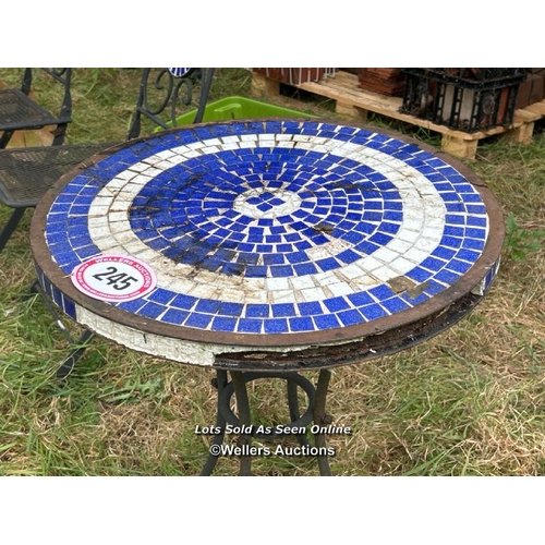 245 - Mosaic table on metal base, 71cm (h) x 60cm (dia) / Please bring equipment and labour to assist with... 