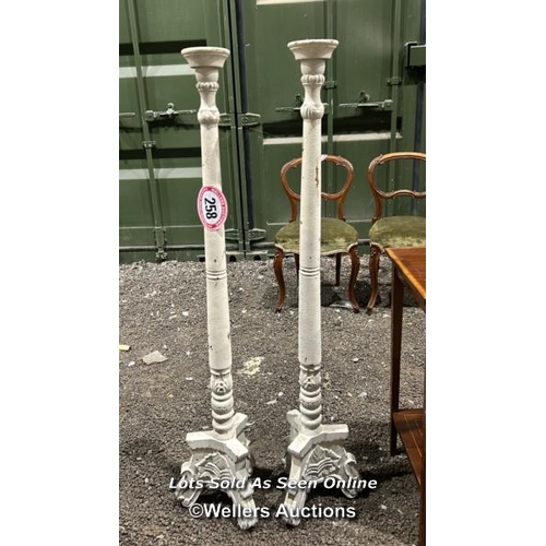 258 - A pair of whitewashed wooden candle stands, 120cm (h) / Please bring equipment and labour to assist ... 