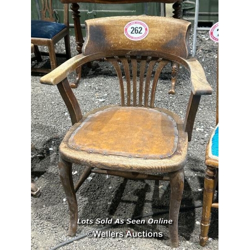 262 - Oak esk chair with pinned leather seat, 82cm (h) x 63cm (w) x 46cm (d) / Please bring equipment and ... 