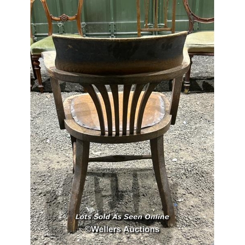 262 - Oak esk chair with pinned leather seat, 82cm (h) x 63cm (w) x 46cm (d) / Please bring equipment and ... 