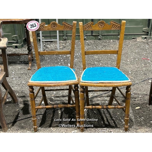 263 - A pair of oak country style chairs with embroided upholstered seats, originally cane, 83cm (h) x 38c... 