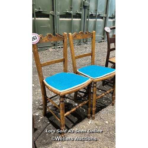 263 - A pair of oak country style chairs with embroided upholstered seats, originally cane, 83cm (h) x 38c... 