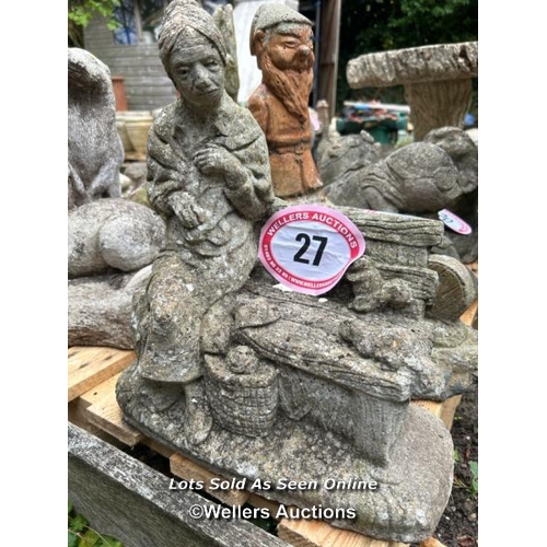 27 - Reconstituted stone statue, lady on a bench, 37cm (h) / Please bring equipment and labour to assist ... 