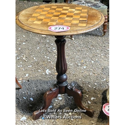 274 - A Victorian games table on triform base, 71cm (h) x 51cm (dia) / Please bring equipment and labour t... 