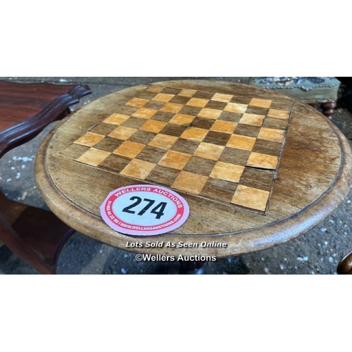 274 - A Victorian games table on triform base, 71cm (h) x 51cm (dia) / Please bring equipment and labour t... 