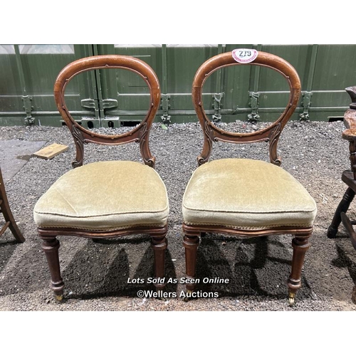 279 - A pair of Victorian bloomback chairs with carved back, upholstered seat on turned legs, 91cm (h) x 5... 