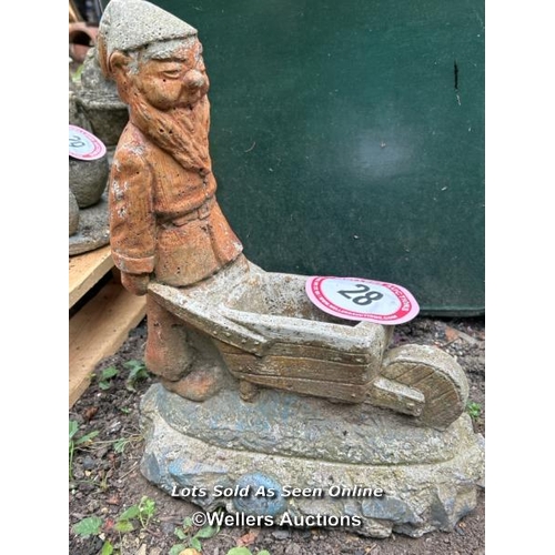 28 - Reconstituted stone statue, garden gnome pushing a barrow, 41cm (h) / Please bring equipment and lab... 