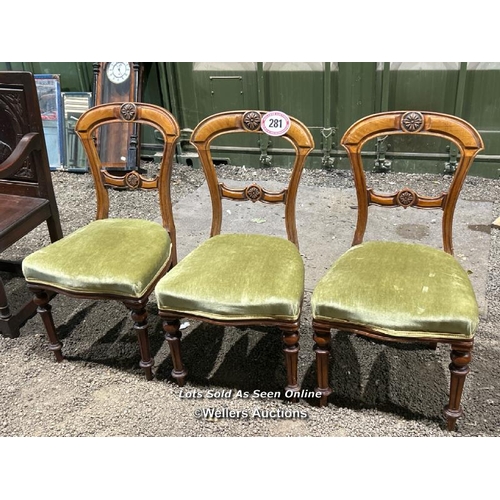 281 - Three Victorian dining chairs with carved back, upholstered seat on turned legs, 90cm (h) x 48cm (w)... 