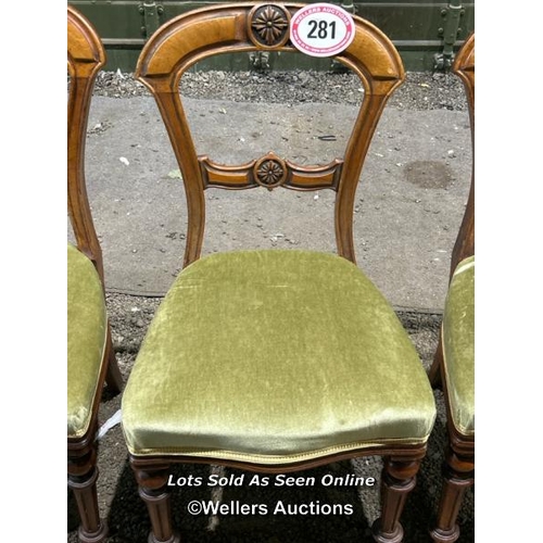 281 - Three Victorian dining chairs with carved back, upholstered seat on turned legs, 90cm (h) x 48cm (w)... 