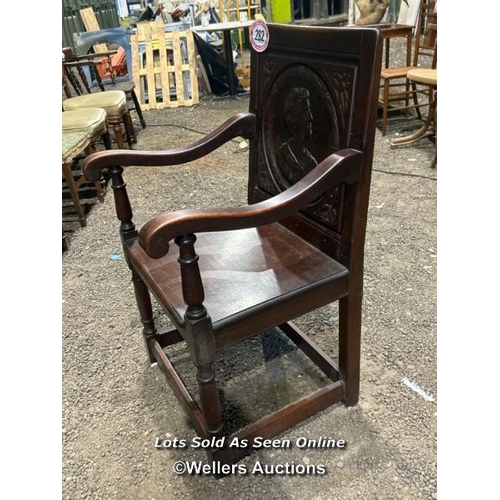 282 - A 17th century style chair with carved back depicting a woman, 99cm (h) x 58cm (w) x 43cm (d) / Plea... 