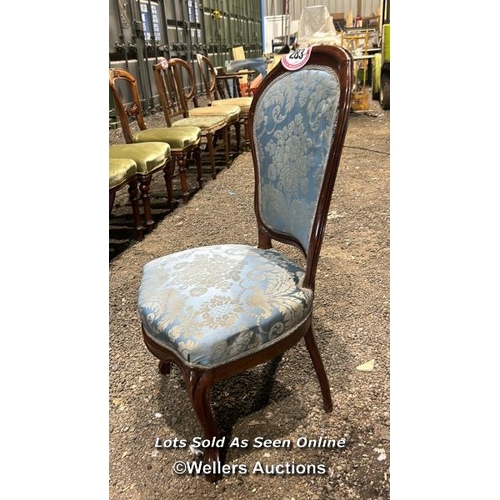 283 - A c.1850's mahogany framed French style dining chair with upholstered floralette seat and back, on c... 