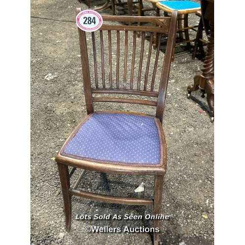 284 - Early 1900's oak framed dinnig chair with upholstered seat, 83cm (h) x 41cm (w) x 37cm (d) / Please ... 